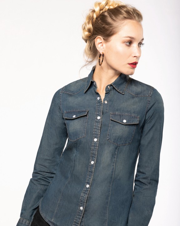 Hemd KARIBAN Dames denim blouse lange mouwen voor bedrukking &amp; borduring