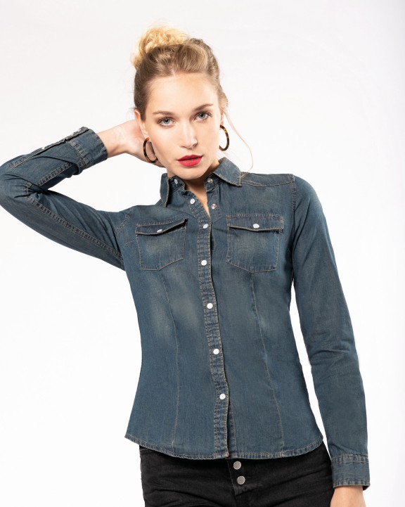 Hemd KARIBAN Dames denim blouse lange mouwen voor bedrukking &amp; borduring