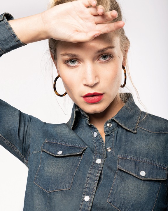 Hemd KARIBAN Dames denim blouse lange mouwen voor bedrukking &amp; borduring
