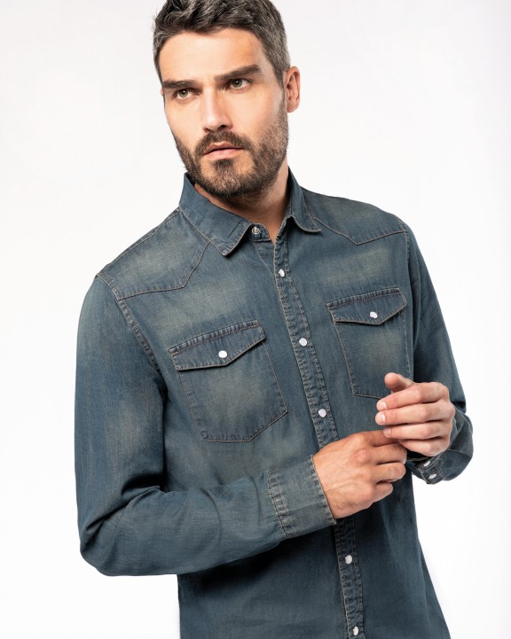 KARIBAN Herren denim-hemd langarm Hemd personalisierbar