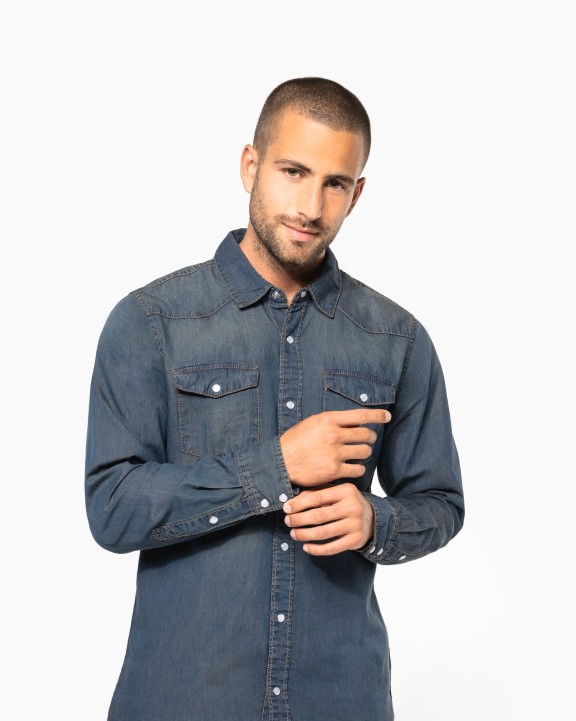 KARIBAN Herren denim-hemd langarm Hemd personalisierbar