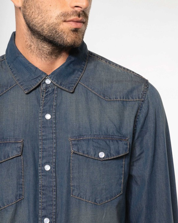 KARIBAN Herren denim-hemd langarm Hemd personalisierbar