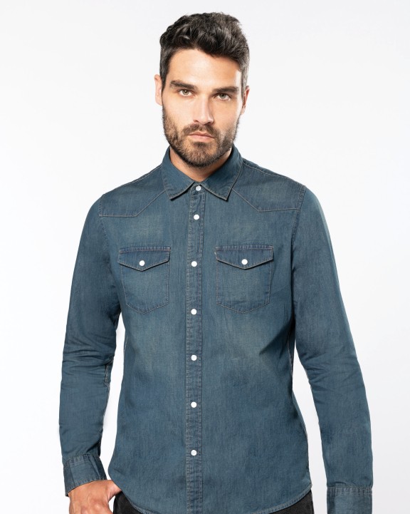 KARIBAN Herren denim-hemd langarm Hemd personalisierbar