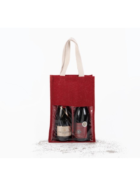 KIMOOD Sac porte-bouteilles en jute cherry red / gold personnalisable