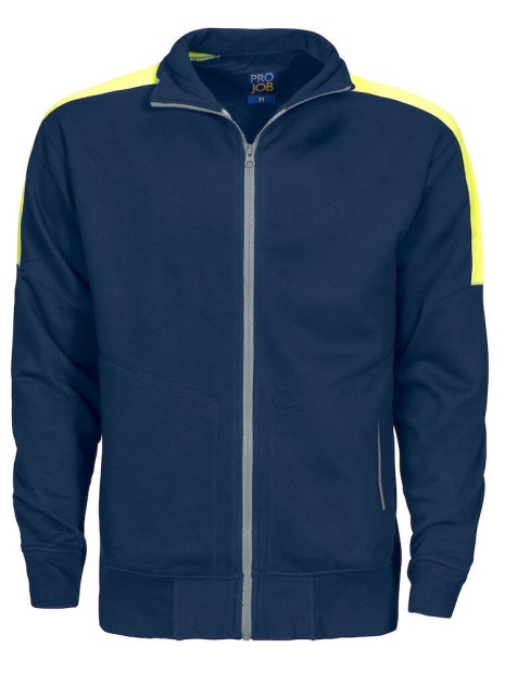 PROJOB 2123 SWEATSHIRT FULL ZIP BANDES FLUO bleu marine/jaune personnalisable
