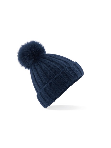 BEECHFIELD VERBIER FAUX FUR POP POM CHUNKY BEANIE bleu marine personnalisable