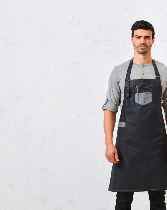 PREMIER Division - Waxed look denim bib apron with faux leather Schürze personalisierbar