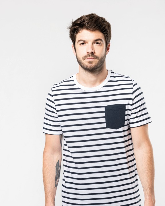 KARIBAN Gestreiftes Kurzarm-T-Shirt im Marine-Stil mit Tasche T-Shirt personalisierbar