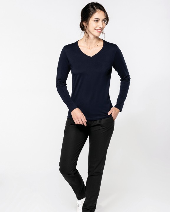 KARIBAN Supima® Damen-T-Shirt mit V-Ausschnitt und langen Ärmeln T-Shirt personalisierbar