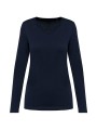 KARIBAN T-shirt Supima® col V manches longues femme bleu marine profond personnalisable