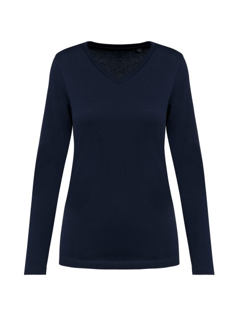 KARIBAN T-shirt Supima® col V manches longues femme bleu marine profond personnalisable