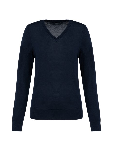 KARIBAN Pull Mérinos col V femme bleu marine profond personnalisable