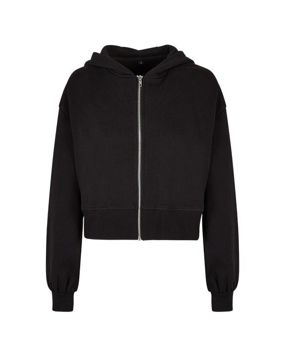 BUILD YOUR BRAND Ladies Short Oversized Zip Jacket Sweatshirt personalisierbar