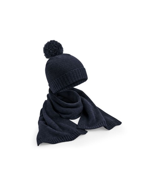 BEECHFIELD KNITTED SCARF AND BEANIE GIFT SET navy fleck personnalisable