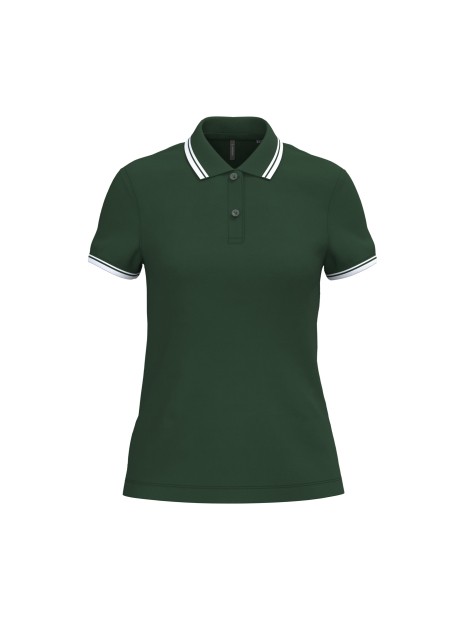KARIBAN Polo femme manches courtes à liserés contrastés vert forêt/blanc personnalisable