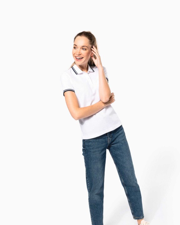 KARIBAN Polohemd für Damen mit kurzen Ärmeln und kontrastfarbenen Paspeln Poloshirt personalisierbar