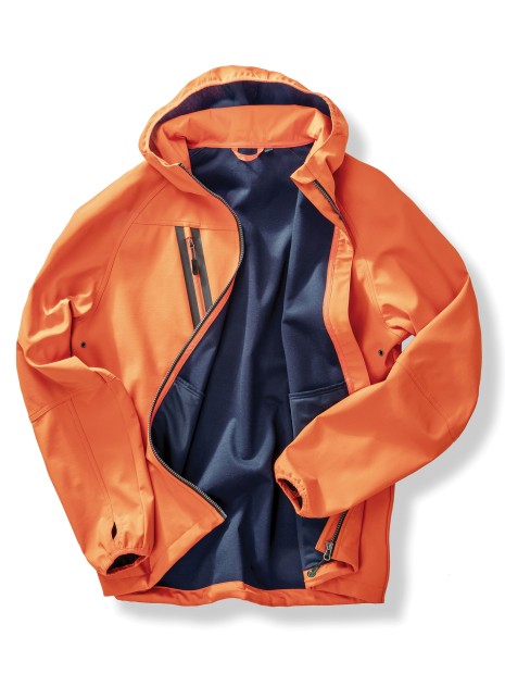 RESULT Veste Softshell 3 couches recyclée à capuche unisexe orange/bleu marine personnalisable