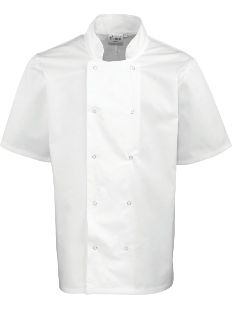 PREMIER Veste de cuisine manches courtes à boutons pression blanc personnalisable